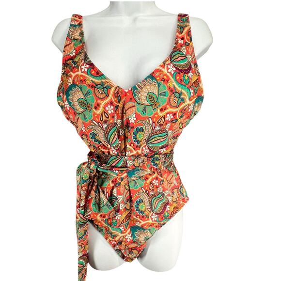 Basta Surf One Piece Swimsuit Womens 12 Red Paisley Plunging Tie Waist Boho NEW - Picture 1 of 13